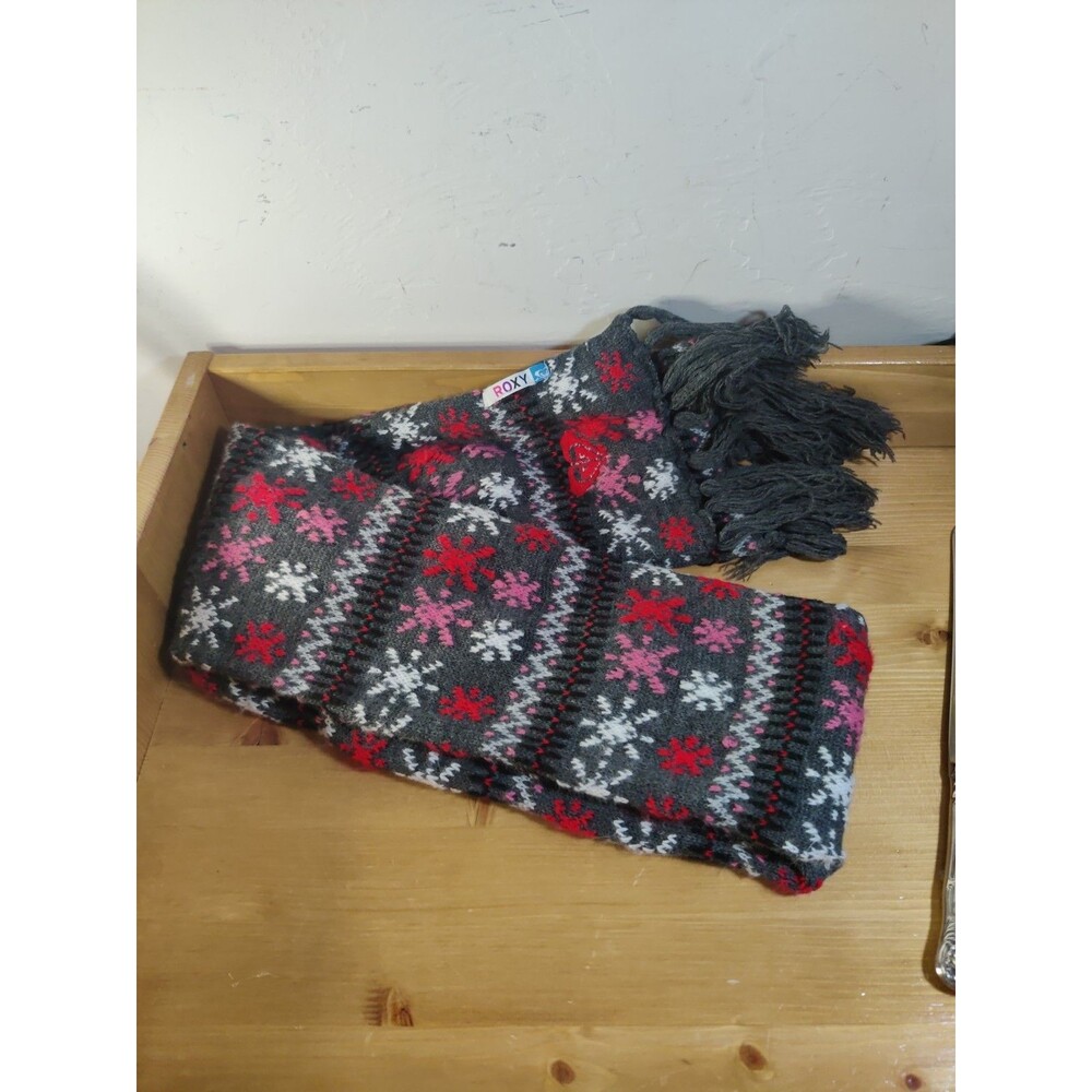 ROXY KNIT YARN ARGYLE Snowflake SCARF ACRYLIC Red Pink BLACK GREY WHITE ~6x56"